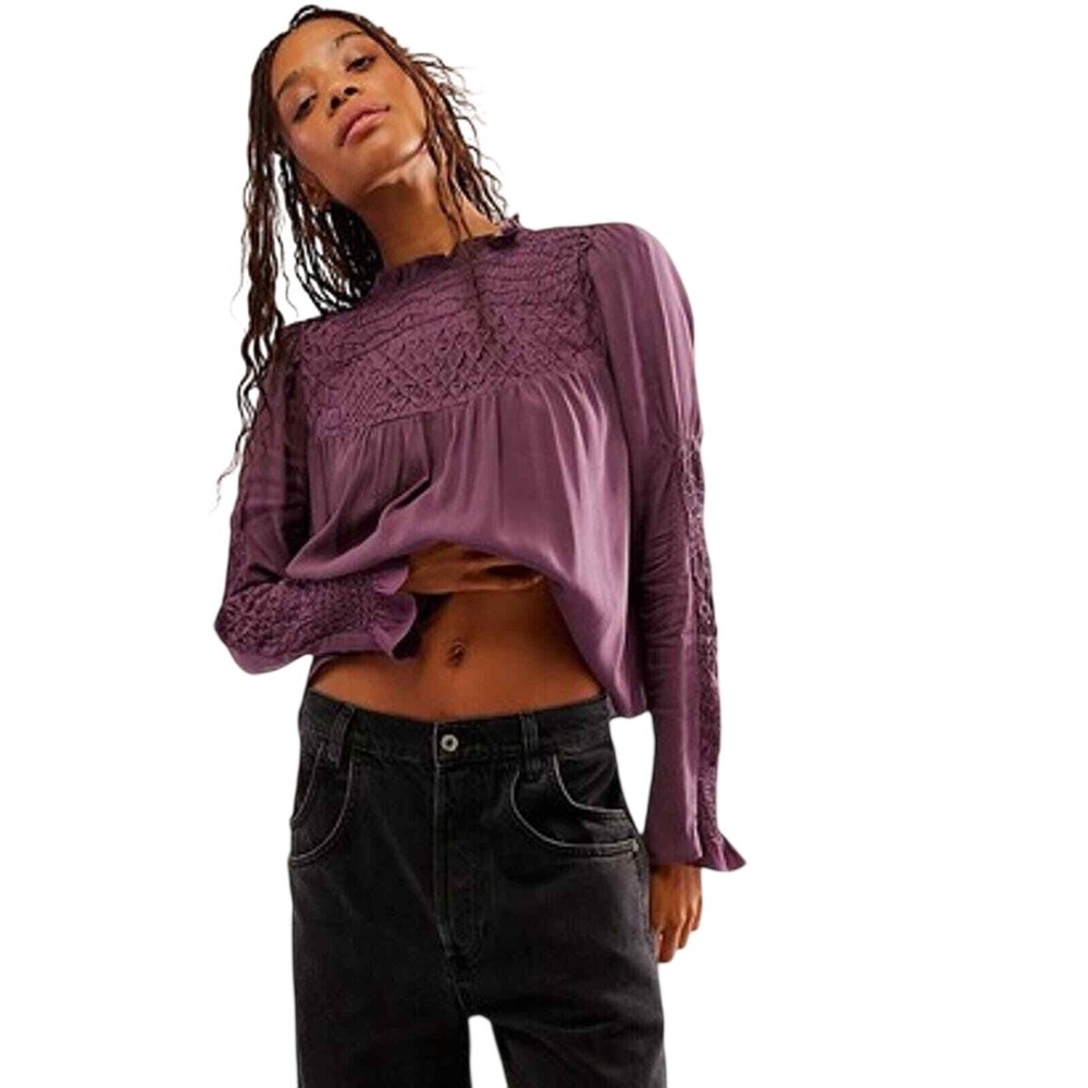 Free People Smocked In Time Boho Purple Pullover Top Long Sleeve XS - Picture 1 of 12